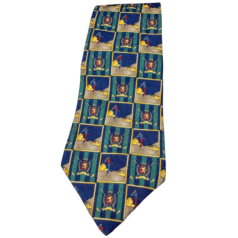 Tommy Hilfiger Tie Mens Blue Green Italian Silk Golf Print Necktie Made USA